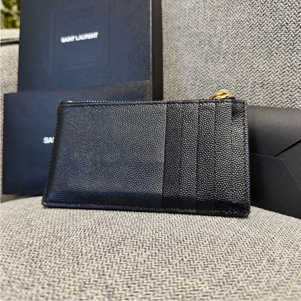 Saint Laurent Quilted Black Card Holder with Gold Logo - Picture 2 of 12